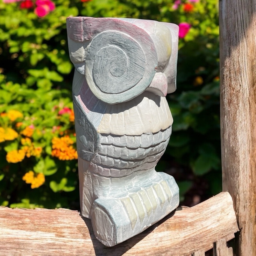 Vintage hand carved wooden owl, stylized, lots of detail